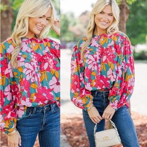Fate Ready For You Teal Floral Button-Up Blouse with Bubble Sleeves